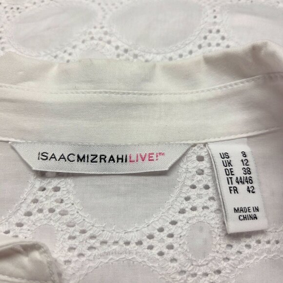 Isaac Mizrahi Size 8 White Scalloped 3/4 Semi Sheer Button Up Eyelet Blouse - Picture 11 of 12